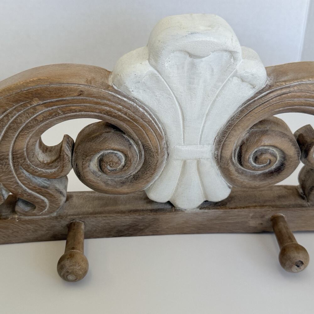 Vintage Style Carved Distressed Wood Wall Mounted Rack Rustic Country Farmhouse - Picture 4 of 10